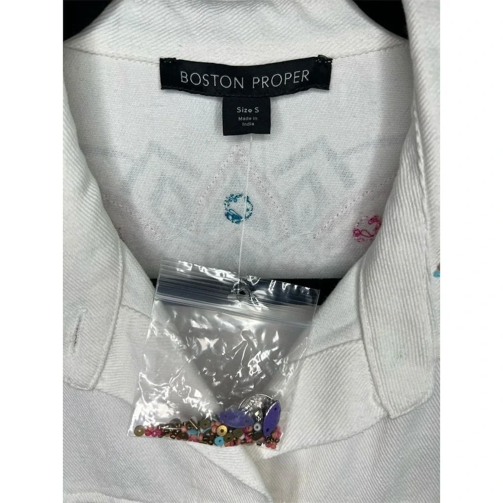 Boston Proper Womens White Mandala Embellished Denim Jacket Size S Boho Beaded - Picture 8 of 16